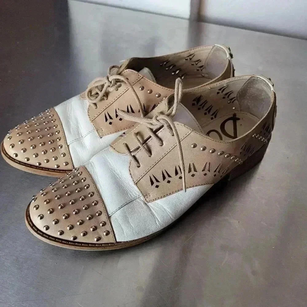 Sam Edelman Two-Tone Studded Leather Oxfords in Tan and White